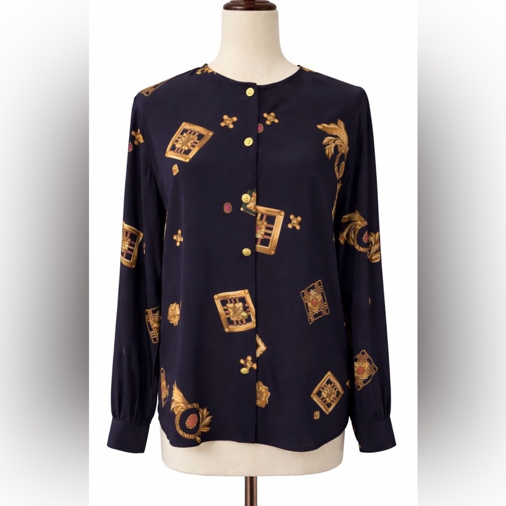 Louis Feraud silk baroque navy top/ blouse w/ gold buttons- M